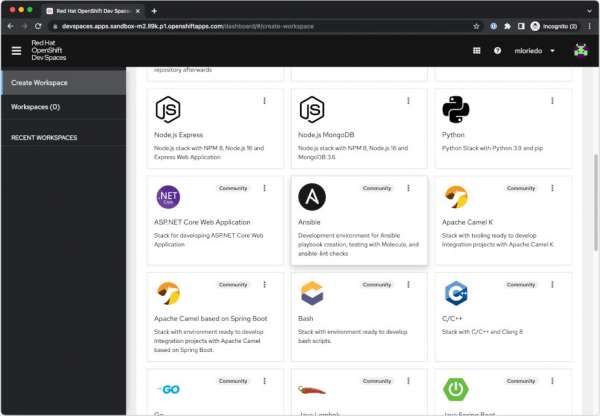 A screen shot of the create workspace page in OpenShift DevSpaces that shows a Ansible square
