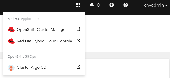 Click the grid of squares in the upper right corner of the OpenShift banner to reveal a menu, then select Cluster Argo CD.