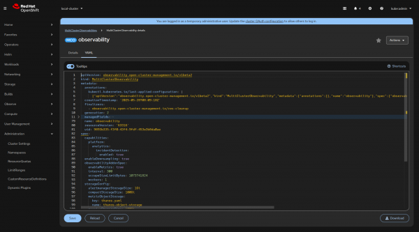 Enabling incident detection by updating the MultiClusterObservability custom resource in the OpenShift web console.