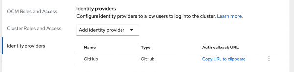The cluster manager shows that GitHub is configured as an identity provider.