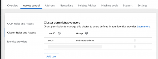 The cluster managers shows that the GitHub username is the dedicated-admin role.