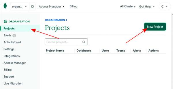 Under the Projects menu item, in the selected organization in MongoDB Atlas, you can see all available projects and create a new one.