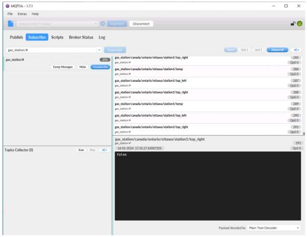 Picture of MQTT UI with events being published to topics