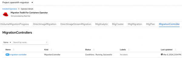 Select the MigrationController tab in the Migration Toolkit for Containers Operator page then by select the instance created