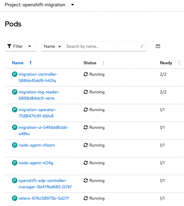 Select Workloads then Pods to verify that the MTC pods are running in the openshift-migration project