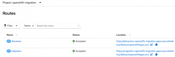 Access the MTC console by clicking Location, the URL, on the migration route in the openshift-migration project