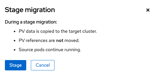 Select the Stage option for the stateless application. The next screen shows the details of stateless application stage migration.