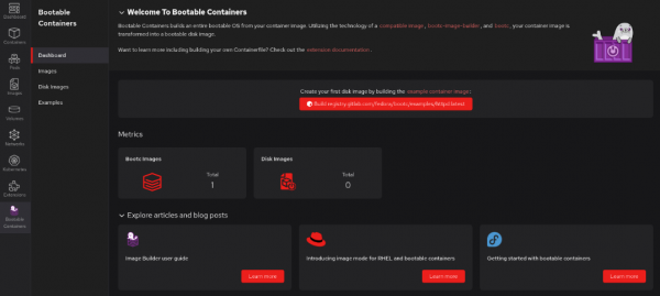 A view of the Welcome to Bootable Containers dashboard screen in Podman Desktop.