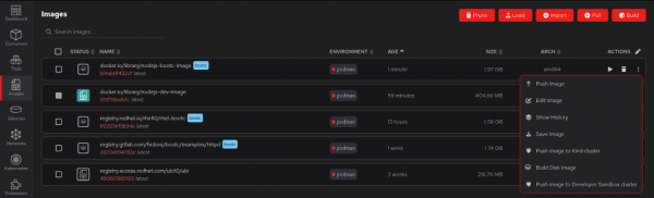 The Podman Desktop container images screen with the expanded menu under the actions kebab.