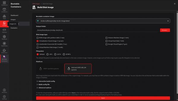 The completed Build Disk Image configuration.
