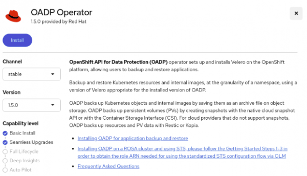 The screen for selecting the OADP operator version for installation.