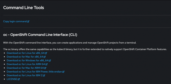 List of download options for the OpenShift CLI.