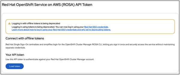 ROSA API token screen displaying message to user that they can connect with offline tokens and load their own API token.