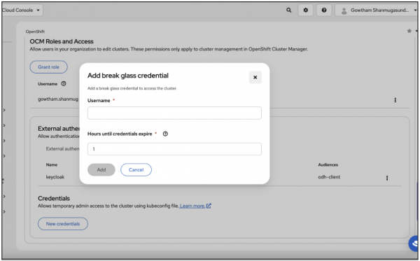 A screenshot of the Add break glass credential screen asking for a username and the amount of hours until the credential expires.