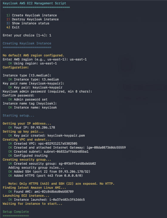 Screenshot of Keycloak instance running setup processes.