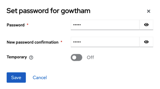 Pop-up modal showing ‘set password for user’, and protected password is displayed as dots.