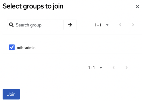 Screenshot showing Select groups to join pop-up with odh-admin selected.
