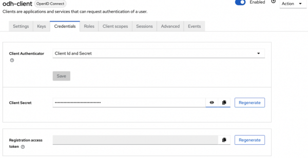 odh-client credentials tab showing Client Secret field populated with obscured token.