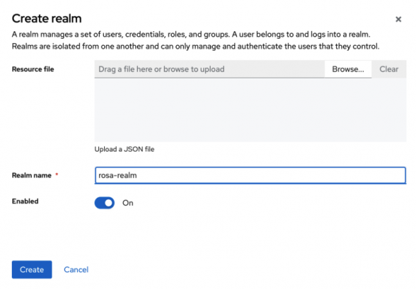 Modal pop-up for Create realm asking for name field and toggle for whether or not it will be enabled.