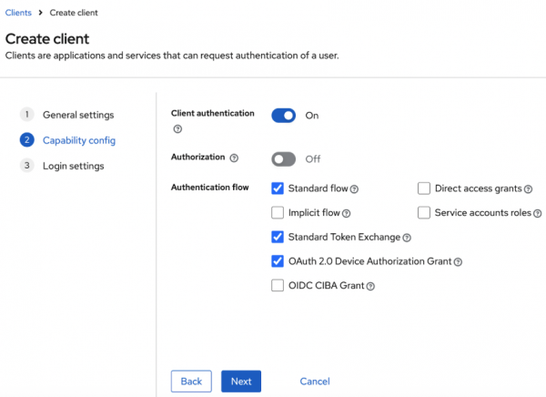 Create client modal with client authentication set to ‘on,’ authorization set to ‘off,’ standard flow, standard token exchange, and oauth 2.0 selected.