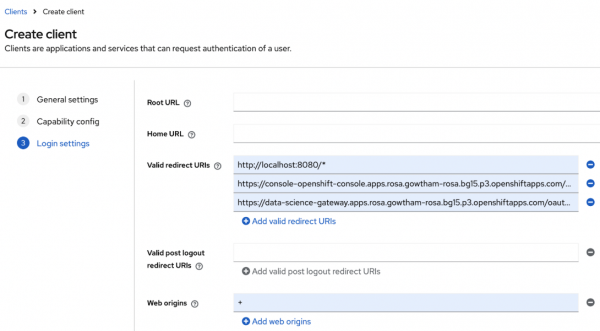 Create client screen with Login settings. Valid redirect URIs are populated with information given in learning path steps with nothing else selected.