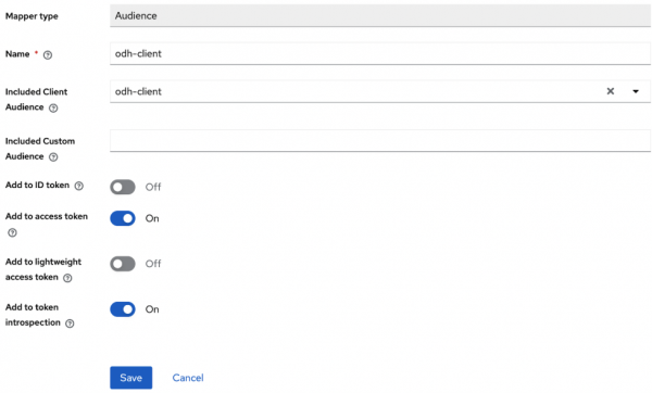 Screenshot of audience settings showing odh-client for name, add to access token on, and add to token introspection on.