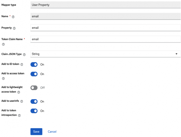 User property mapping modal showing the token claim for email with access, introspection, userinfo and ID properties on.
