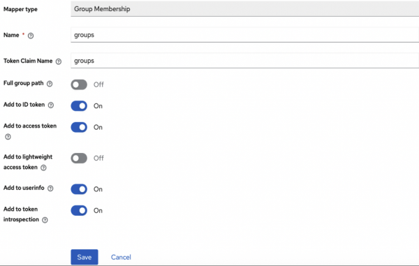 Screenshot of Group Membership mapper modal showing the groups token set with access, userinfo, and introspection toggles on