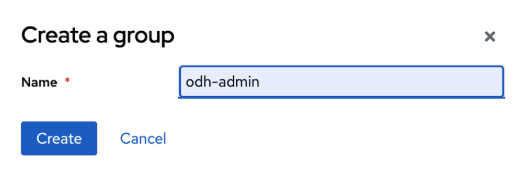 Create a group modal showing Name field populated with ‘odh-admin.’