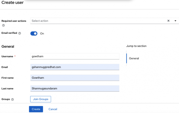 Create user modal populated with username, email, first and last name, and email verified set to ‘On’.