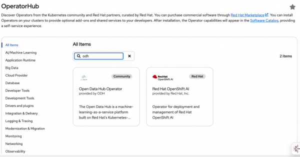 Search results within OperatorHub showing ODH with Open Data Hub Operator available as an option.
