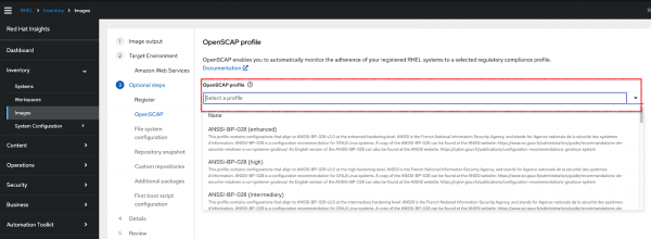 Selecting the OpenSCAP profile in RHEL image creation wizard.