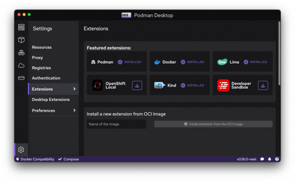 Installing the OpenShift Local extension from the dashboard in Podman Desktop.