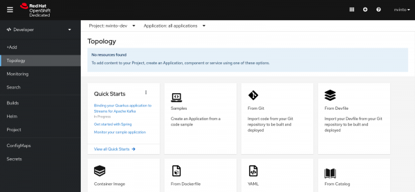 A screenshot of the OpenShift cluster console.