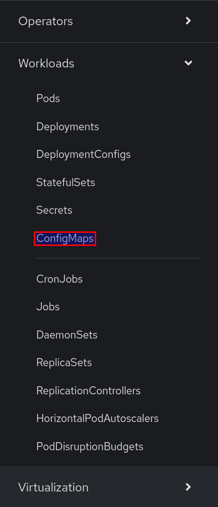 Administrator console -> Workloads -> ConfigMaps. Shows the menu to list all configMaps in given project.