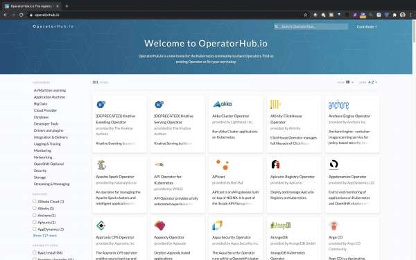 The OperatorHub.io main page.