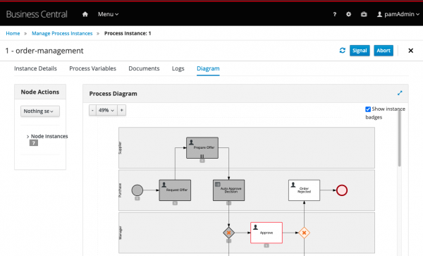 You'll be redirected to the list of process instances. Select the process instance id 1 then choose Diagram: