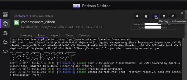Podman Desktop showing the deploy to kubernetes button