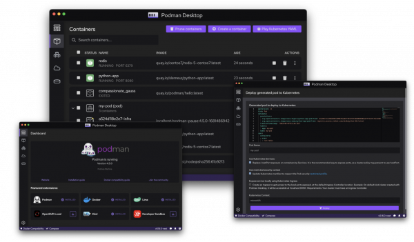 Screenshots of various Podman Desktop interface elements