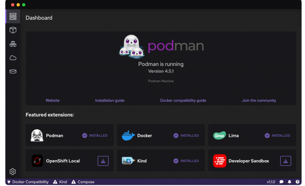 Podman Desktop dashboard interface