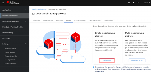 OpenShift AI web console -> Data Science Projects -> podman-ai-lab-rag-project -> Single-model serving platform Deploy model button highlighted.