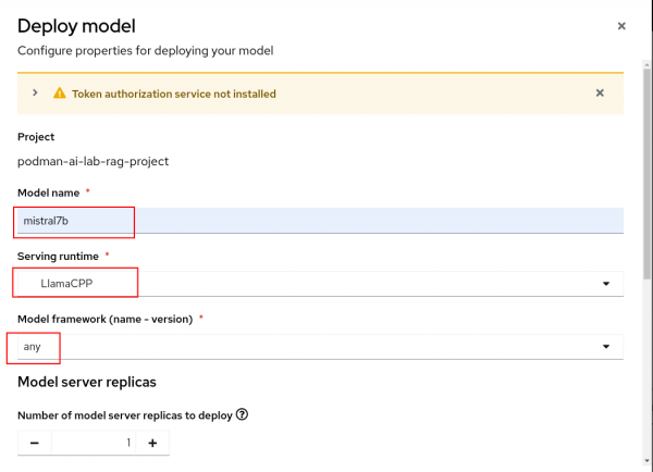 OpenShift AI web console -> Model deployment configuration -> Model name, Serving runtime, and Model framework highlighted.