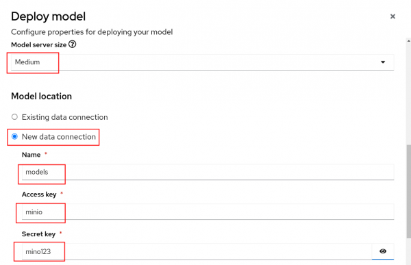 OpenShift AI web console -> Model deployment configuration continued -> Model server size, New data connection, Name, Access key, and Secret key highlighted.