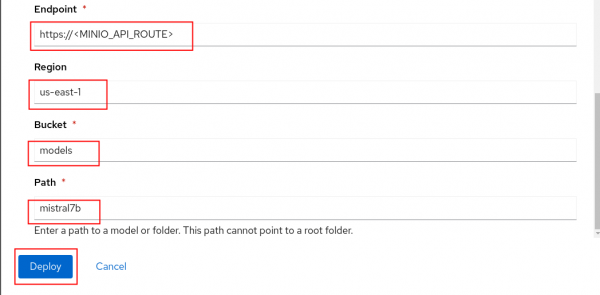 OpenShift AI web console -> Model deployment configuration continued -> Endpoint, Region, Bucket, Path, and Deploy button highlighted.