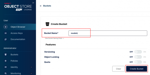 Minio web console -> Object Browser -> Bucket Name highlighted.