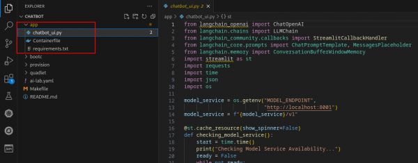 VS Code -> app directory expanded highlighting chatbot_ui.py, Containerfile, and requirements.txt files.