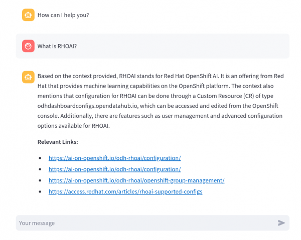 RAG chatbot running in a web browser with the prompt "What is RHOAI?" and the response.