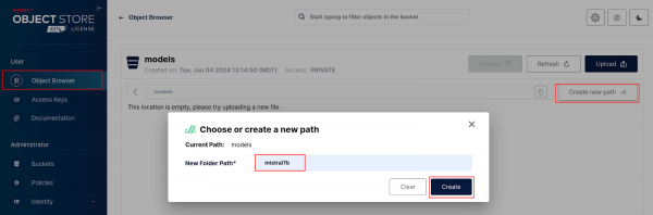 Minio web console -> Object Browser -> Create new path highlighted -> New folder path highlighted -> Create highlighted.