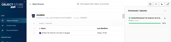 Mino web console ->Object Browser -> models/mistral7b path -> Downloads/Uploads successful displayed.