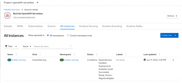 OpenShift web console -> Operators -> Installed Operators -> Red Hat OpenShift Serverless -> showing knative-serving instance.
